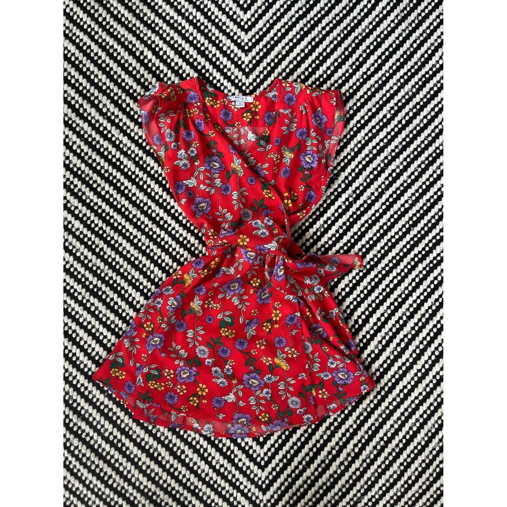 Favlux Fashion Red Floral Wrap dress shorts Sleeve Tie Waist V-Neck Small